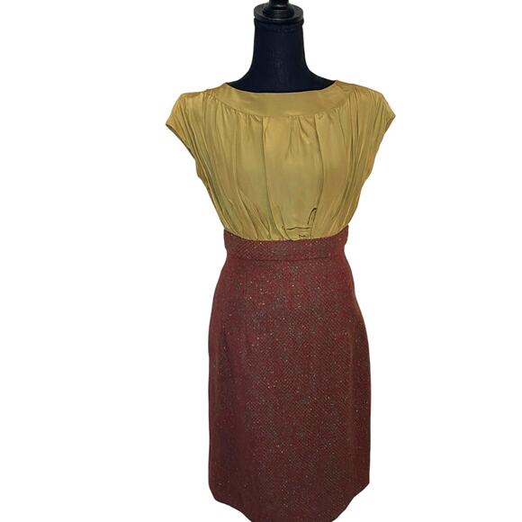 VTG Handmade dress 50s 60s jewel neck silky bodice Brick red wool pencil wiggle - Picture 1 of 9
